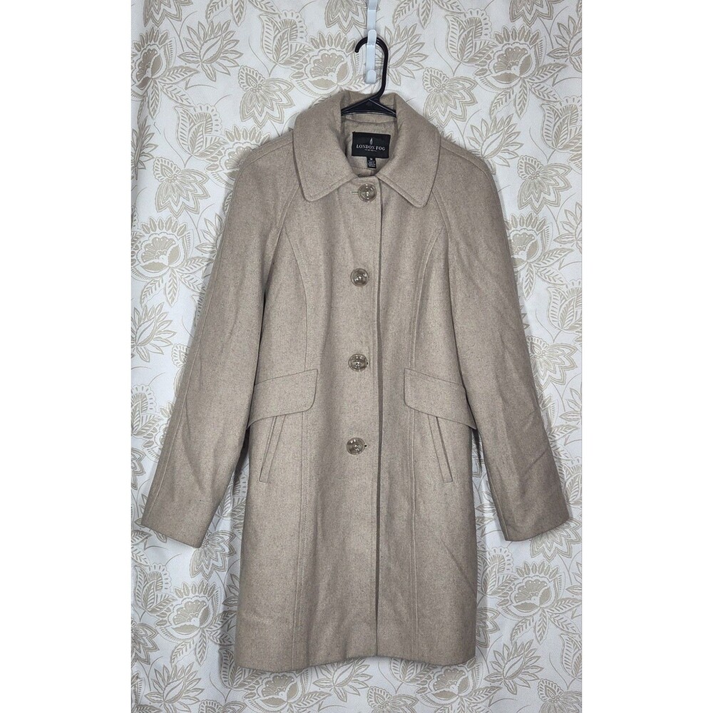 NEW LONDON FOG Beige Wool Blend Single Breasted Peacoat MED FALL CLASSIC PREPPY